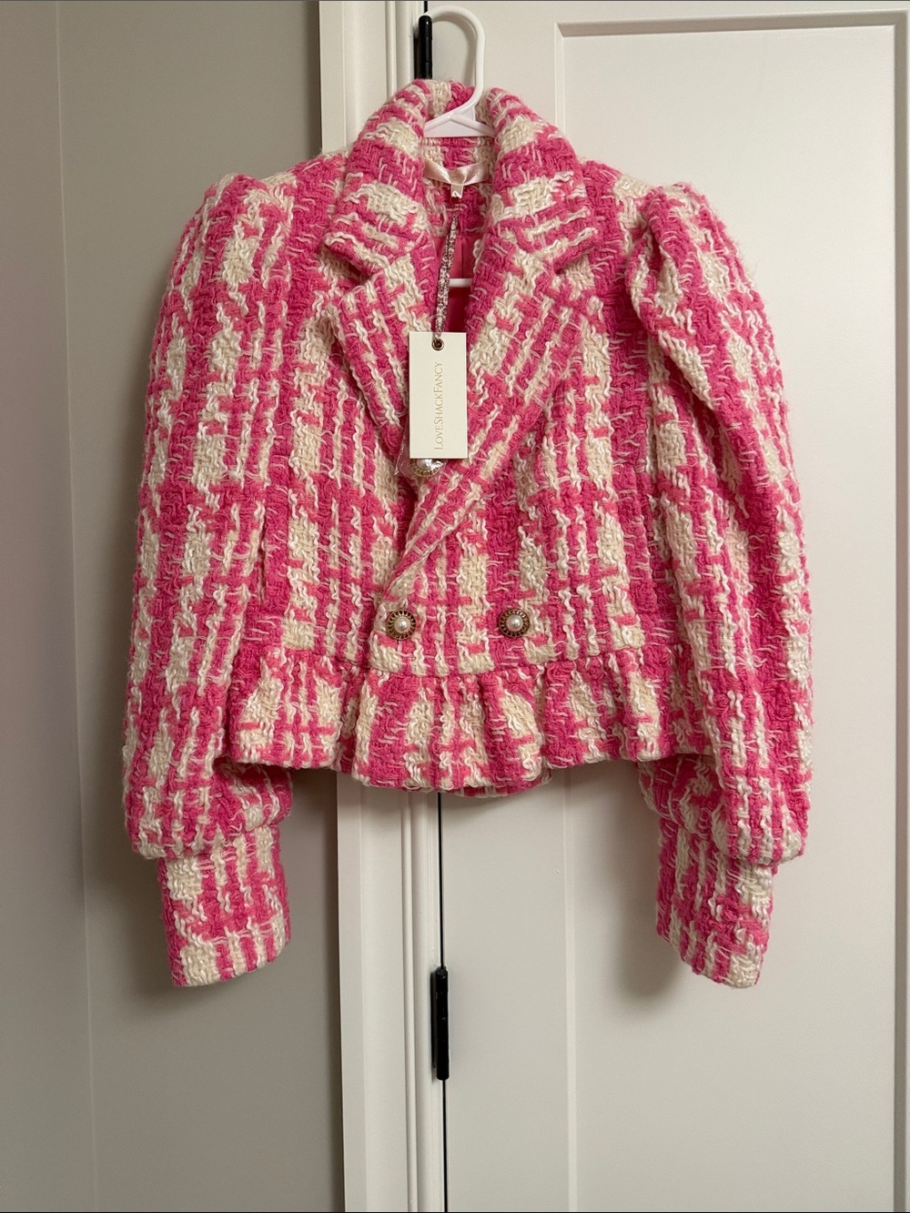 LOVESHACKFANCY! NWT Pink & Cream Bouclé Peplum Blazer/Jacket